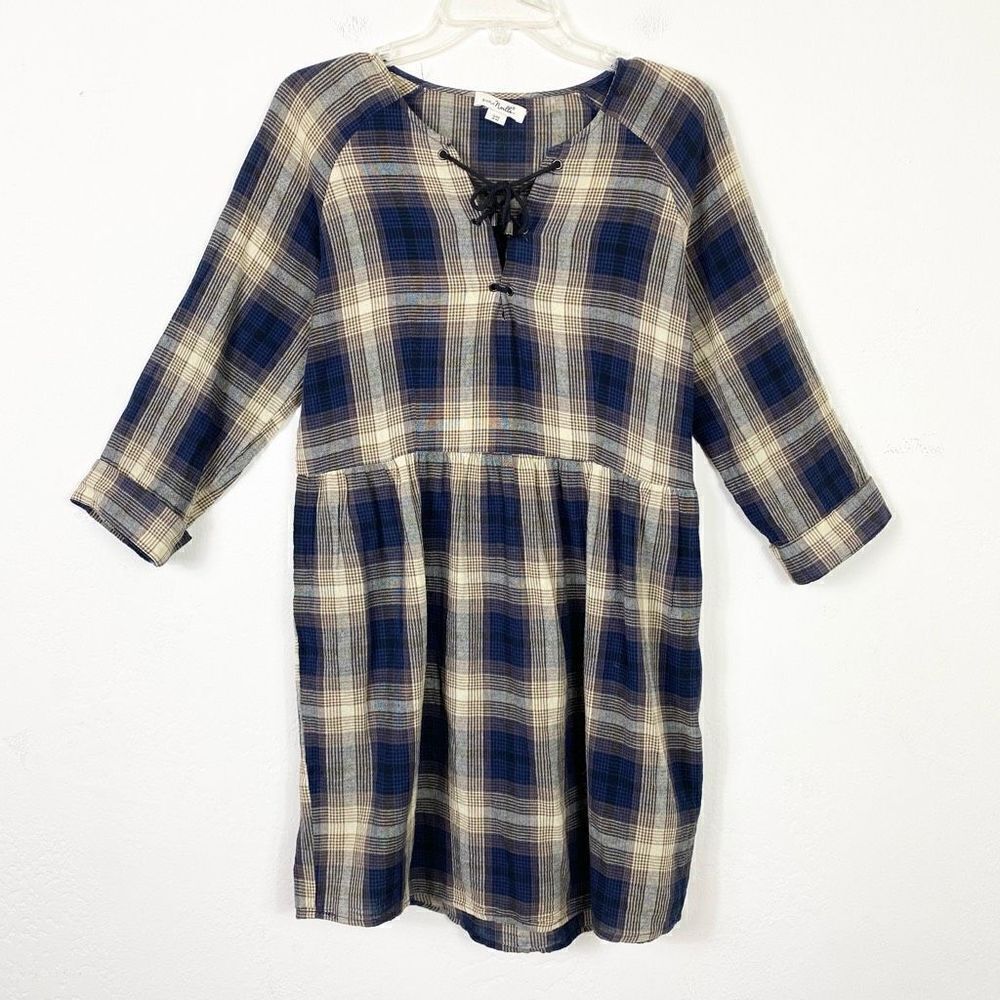 Simply Noelle Navy Blue & Tan 3/4 Sleeve Lace Up Neckline Mini Dress Size S/M